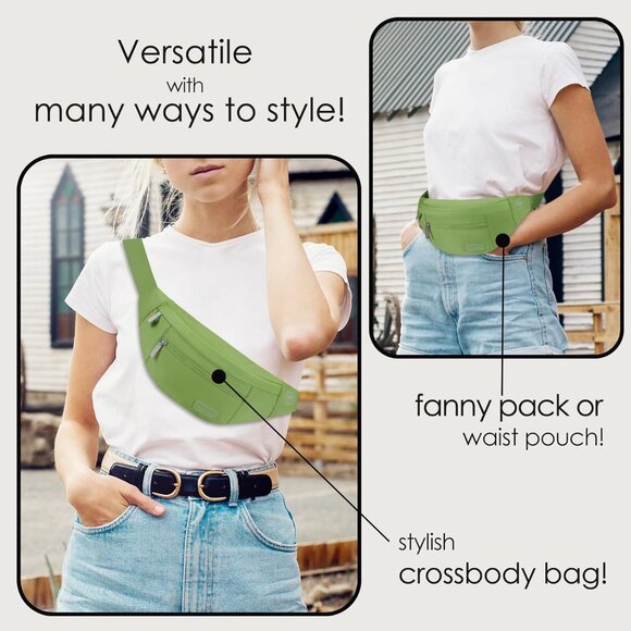 Women Men Khaki Green Large Crossbody Fanny Pack Belt Bag Hands-Free Waist Pack - Picture 2 of 7